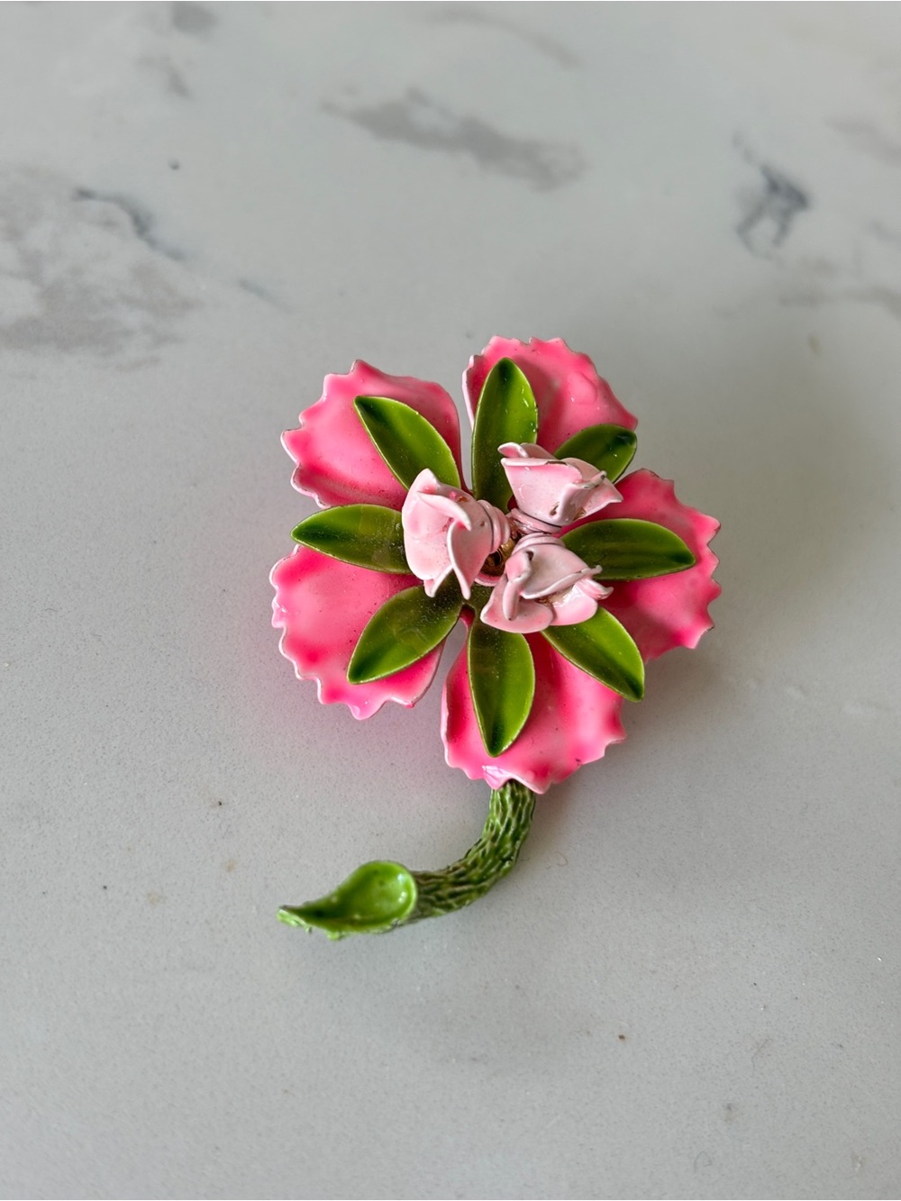 Vintage enamel and metal pin, pink flower